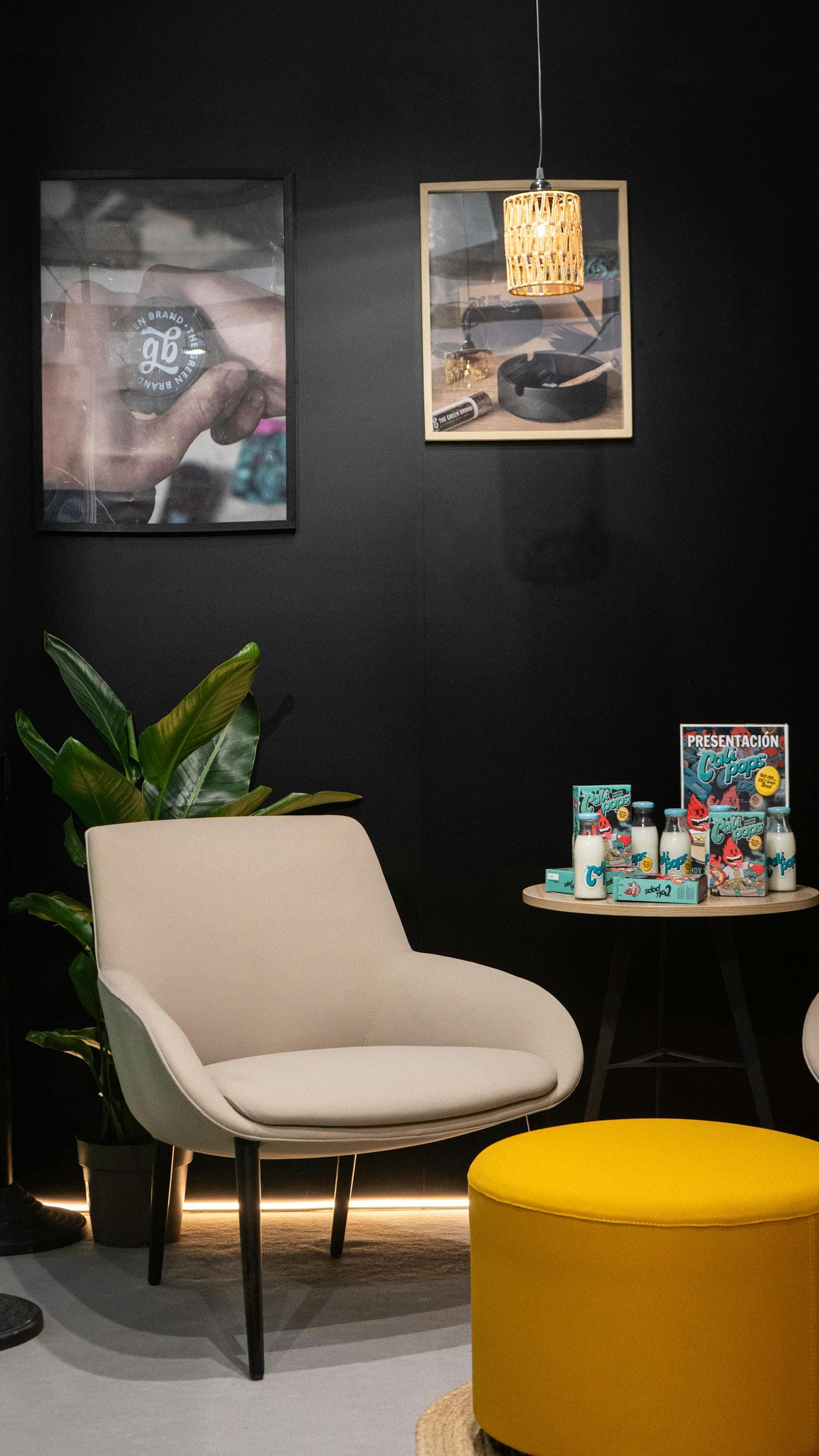 Trade-show booth with branding, seating, and product-display space