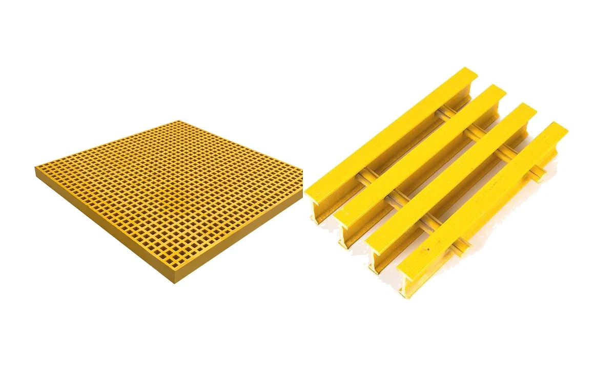 Molded fiberglass grating panel beside pultruded bearing-bar grating