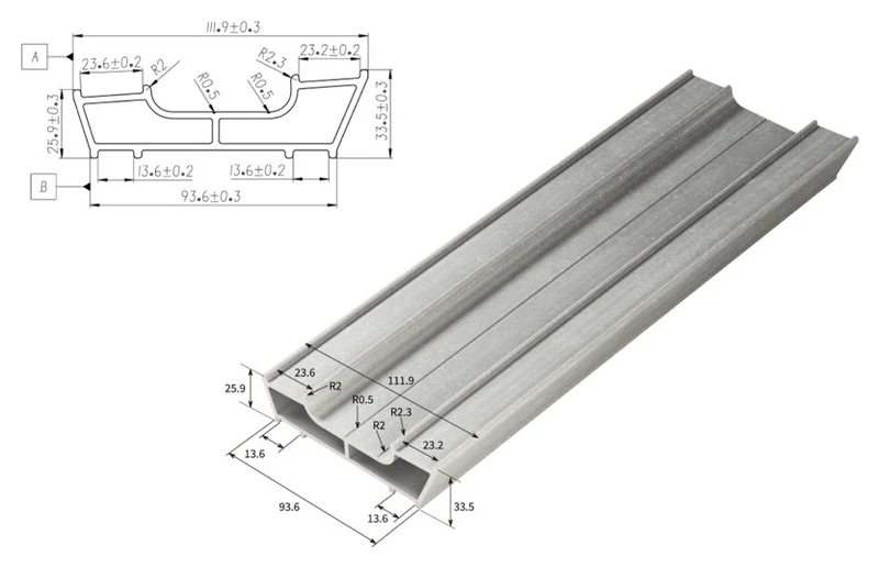 Toleranced drawing of a two-cell custom pultruded profile beside a 3D view of the finished profile