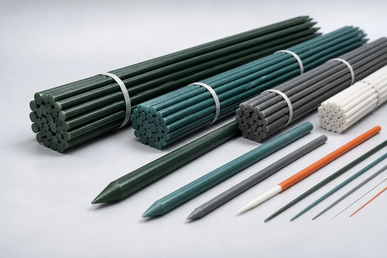 Pultruded fiberglass stakes in multiple diameters, colors and tapered-end options