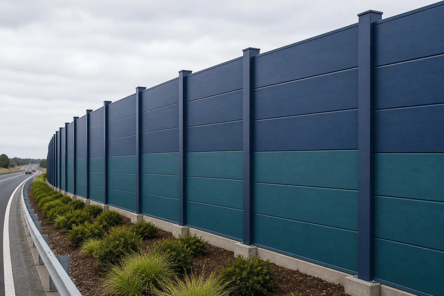 Blue and teal modular FRP sound barrier wall panels installed along a highway