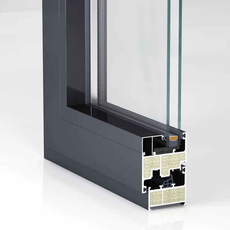 FRP window frame 65-series corner cross-section showing dual-chamber insulation structure