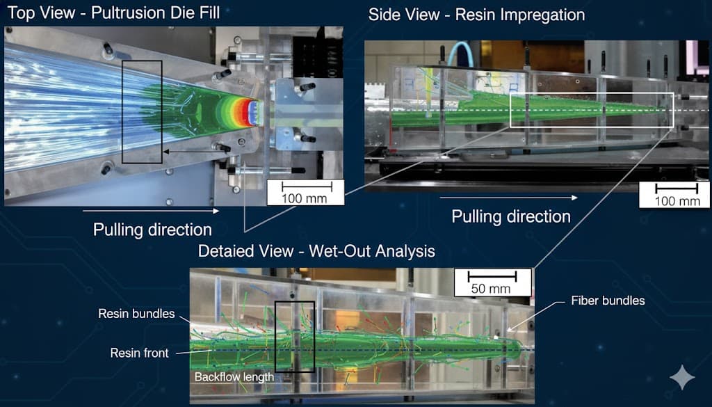 Pultrusion die fill and resin impregnation process